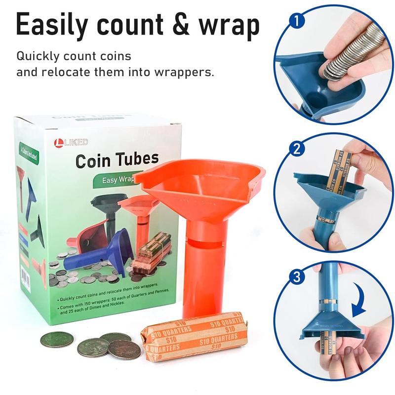 150 Assorted Flat Striped Coin Wrappers & 4 Coin Sorters Tubes, Color-Coded Coin Counters, Easy to Load