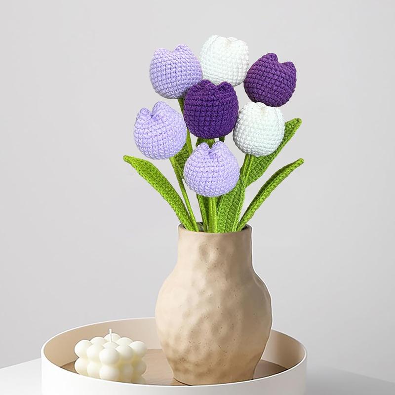 Crochet Flowers, 7 count Crochet Flower Bouquet Purple Tulips Artificial Flowers Decor Hand Woven Flowers Knitted Flower Bouquet with Packaging, Gift for Women Girlfriend Mother