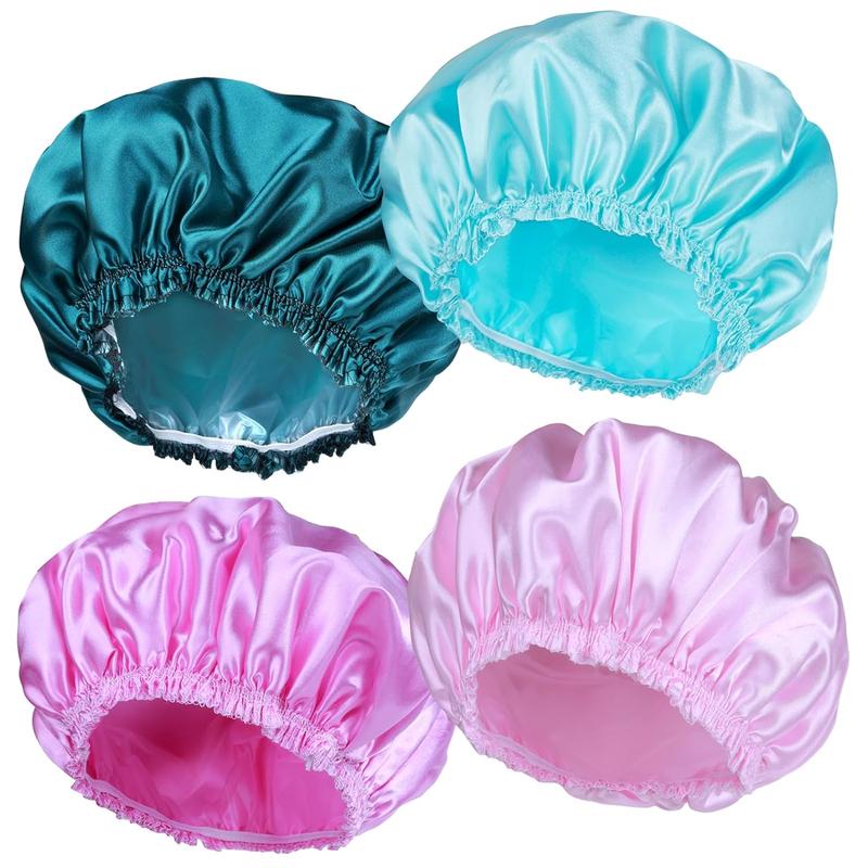 4 PCS Elastic and Reusable Bath Caps, Double Waterproof Layers Shower Cap for Women - Solid Color - Cover