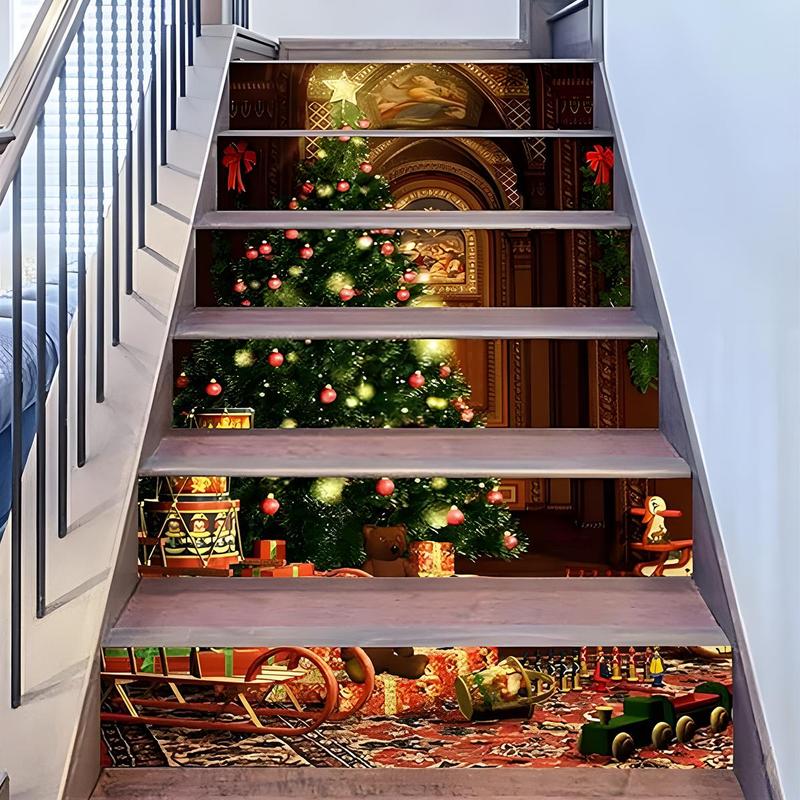 Christmas Tree Pattern Stairs Sticker, 6 Counts set Self Adhesive Hallway Sticker, Decorative Sticker for Home Party Festival, Home Decor