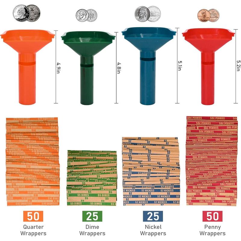 150 Assorted Flat Striped Coin Wrappers & 4 Coin Sorters Tubes, Color-Coded Coin Counters, Easy to Load