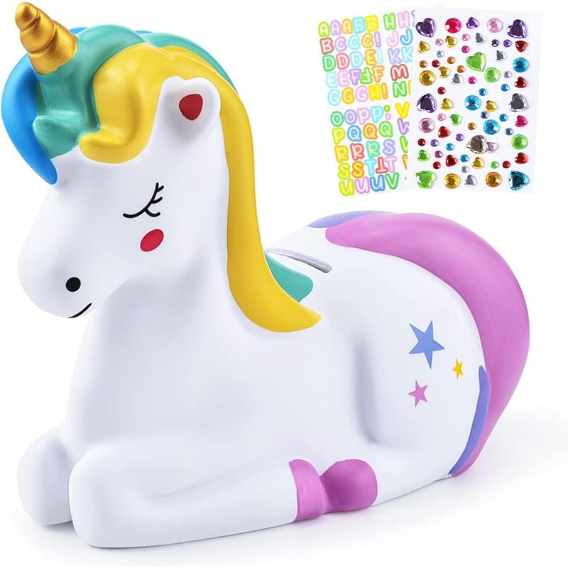 Piggy Bank Girls: Unicorn Piggy Banks - Unbreakable Plastic Coin Money Bank with Alphabet Stickers - Rainbow