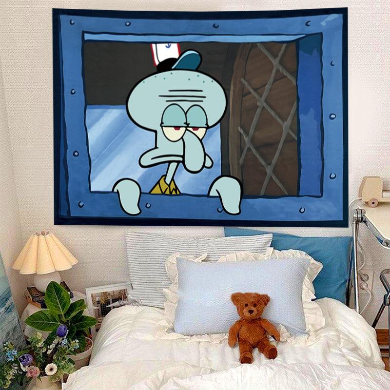 Squidward Indoor Cartoon Wall Hanging Tapestry Background Wall Cloth With Hooks Accessories Decor