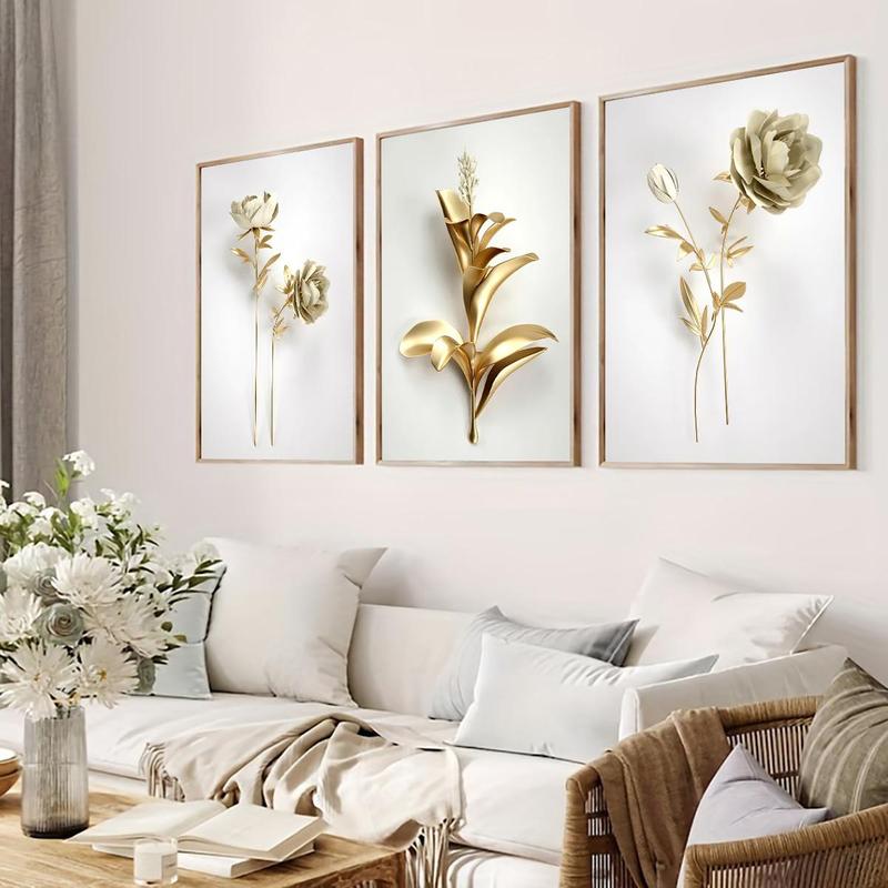 Artificial Rose Pattern Canvas Painting without Frame, 3 Counts Creative Wall Art Poster, Wall Art Decor for Home Living Room Bedroom Office