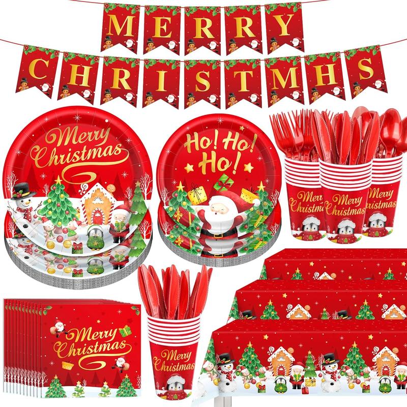 172Pcs Christmas Dinnerware Set Party Supplies Snowman Disposable Tableware Paper Plates and Napkins Banners Plastic tablecloths Cutlery Serves 24 for Merry Christmas Party Home Indoor Outdoor Decor