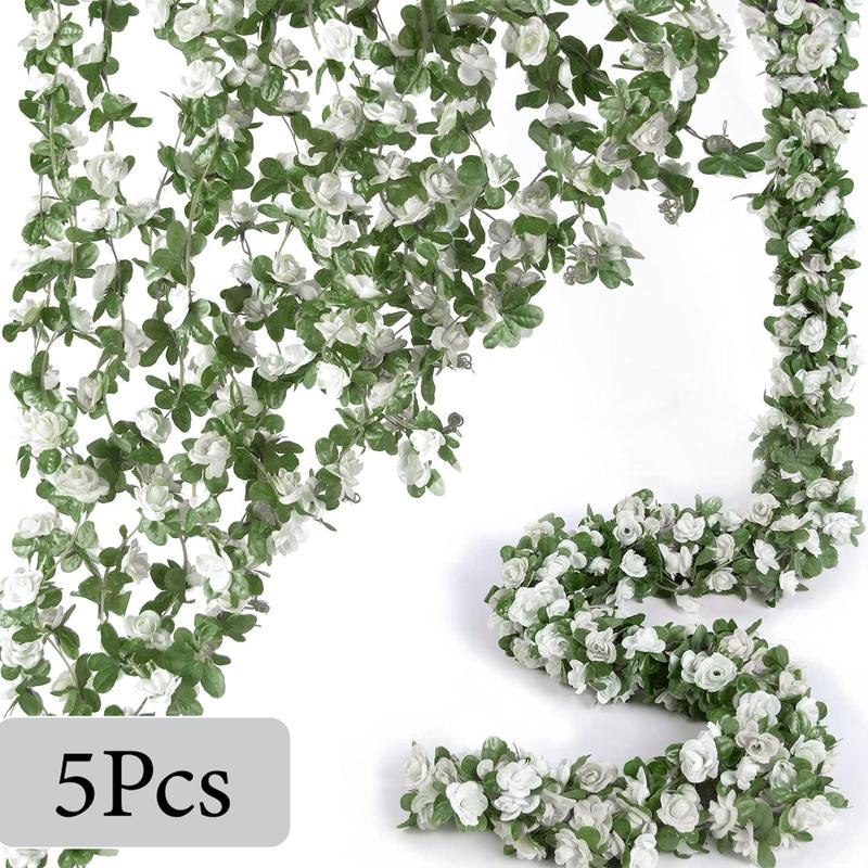 Artificial Rose Vine Flower, 5 Counts Fake Rose Vine Flowers with Green Leaves, Hanging Fake Roses Vine for Room Wedding Birthday Wall Arch Decor